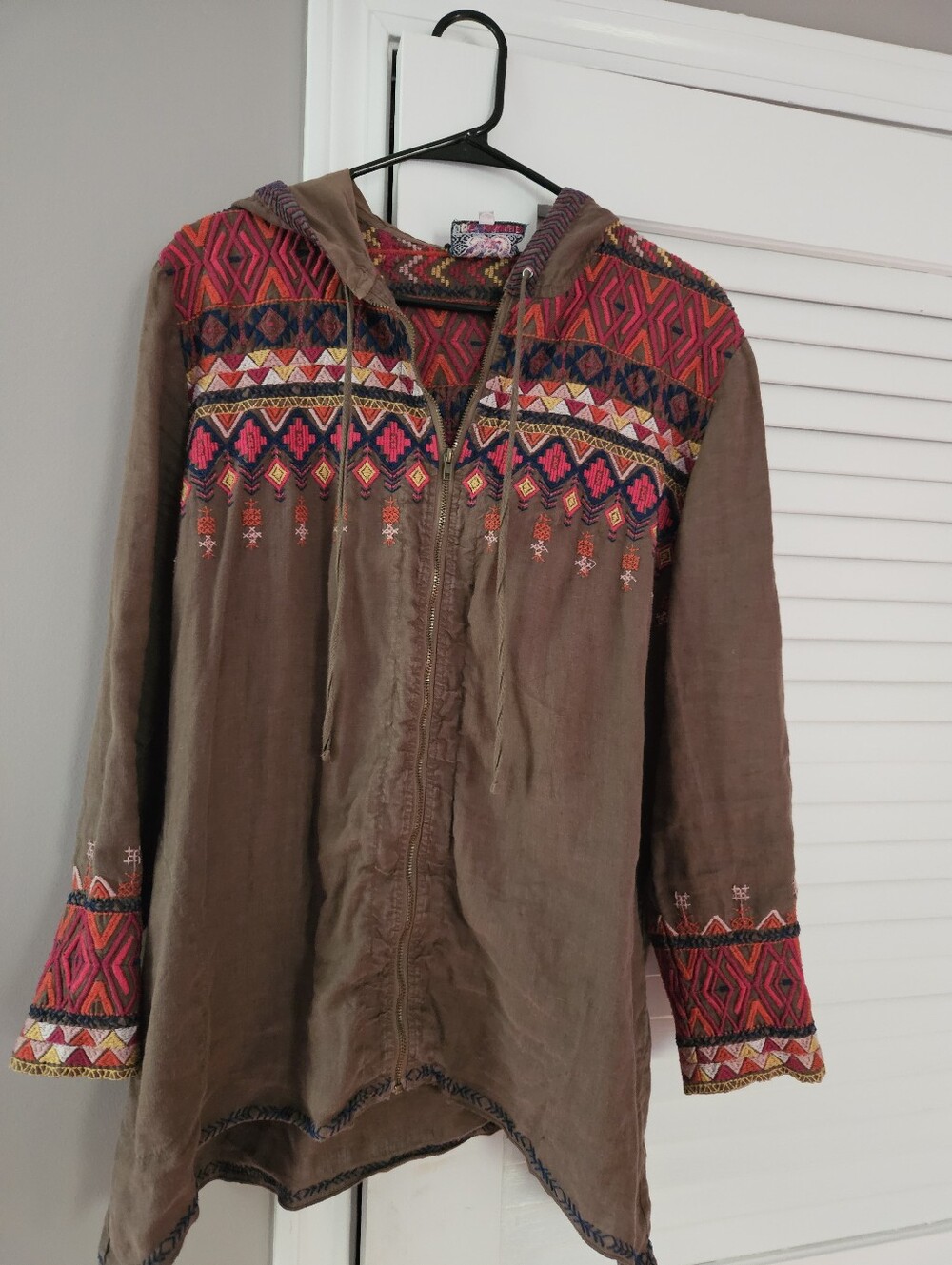 Johnny Was Linen Zippered Jacket With Hood, L, EUC